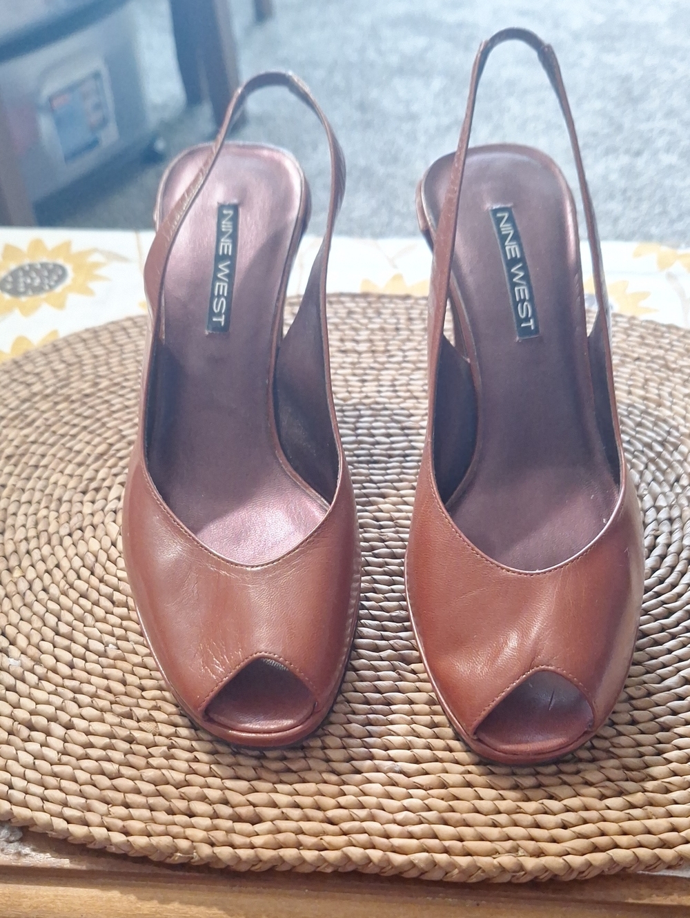 Nine West Brown Leather Peep-Toe Slingback Heels